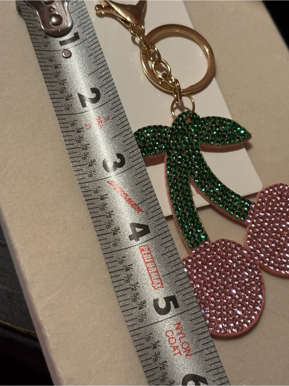 Pink & Green Rhinestone Cherry Keychain